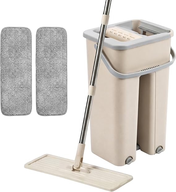 Floor Mop and Bucket Set − Easy and Simple Squeeze Mop Bucket, Flat Mop with Multi -Pack Replacement Machine Washable Microfibre Mop Pads for All Floors Types (37cms x 31 cms, 2, Pads)