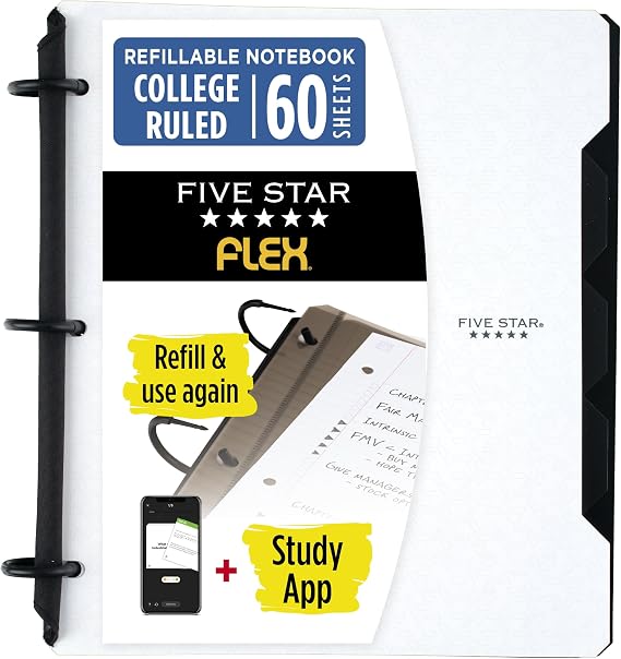 Five Star Flex Refillable Notebook + Study App, College Ruled Paper and 1 Inch TechLock Ring Binder with Pockets, Tabs and Dividers, 200 Sheet Capacity, White (29328AE2)