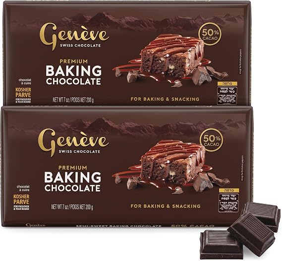 Geneve Swiss Dark Baking Chocolate - 50% Cacao | Vegan | 7oz Bar (2 Pack) | Rich & Smooth Swiss Dairy Free Dark Chocolate | All Natural | Certified Kosher (including Passover)