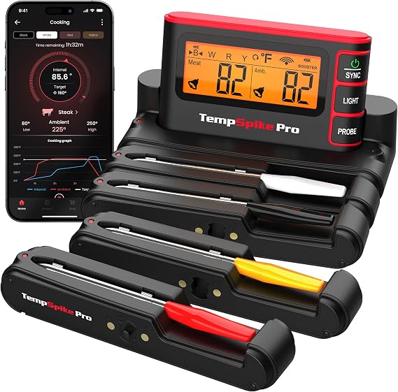 TempSpike Wireless Meat Thermometer Digital with App, WiFi & Bluetooth BBQ Grill Thermometer with High Precision, Waterproof & Heat-Resistant Probes, Rechargeable Base with Display for BBQ Smoker Oven