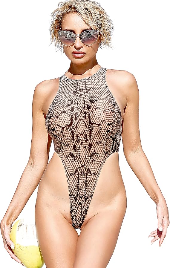 Sexy See Through one piece Thong Swimsuit. Extreme high Neck Cut Leg Bodysuit.