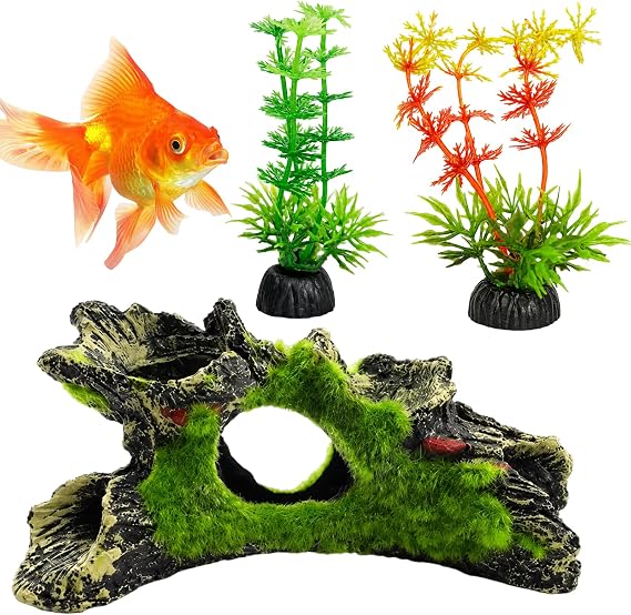1 Decorative Tree Cave and 2 Artificial Seaweed Plants, Aquarium Cave, Aquarium Decor for Fish Tank, Providing Hiding Spaces for Shy Fish and Aquatic Pets
