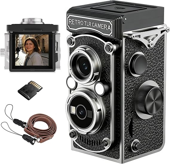 ミニレトロTLRデジタルカメラ、24MP 2.7K HDビンテージ双レンズカメラ、オートフォーカス、マニュアルシャッター＆ウエストスクリーン搭載、初心者、ティーン、旅行＆ブログ用の携帯ポケット black 16G SD card