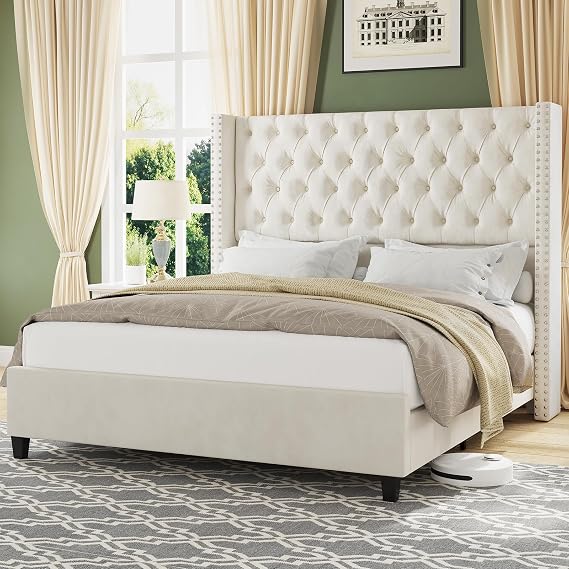 Jocisland King Size Bed Frame with 51.6" Tall Wingback Headboard,Cream | Velvet Upholstery, Deep Tufted Design, Quiet Slat Support, No Box Spring Needed