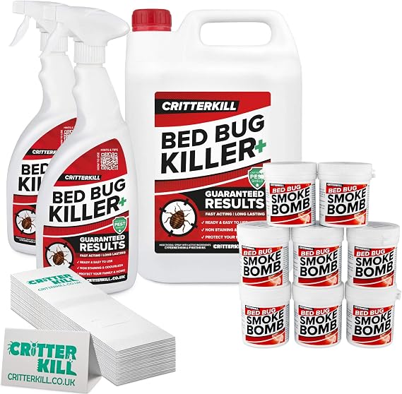 CritterKill Professional Bed Bug Killer Set - For Repeat Treatment of Infestation - Bedbug Sprays + Smoke Bombs + Insect Traps (Medium)