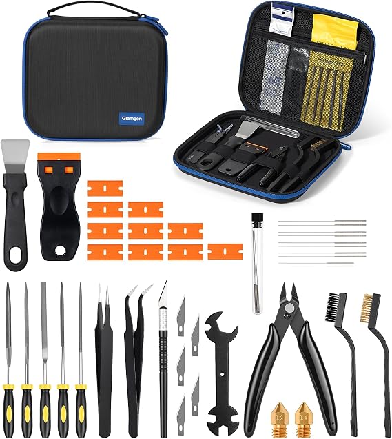 Glamgen 3D Printer Tool Kit, 34PCS 3D Printer Accessories Set with Tool Box Includes Nozzle Cleaning, Removal Scrapers, Finishing Tools, 5 Types of Files, Brushes, Wire Cutter and Engraving Knife