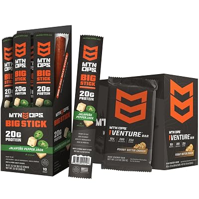MTN OPS Big Stick High Protein Meat Sticks Jalapeno Pepper Jack & Peanut Butter Crunch Venture Bars Bundle