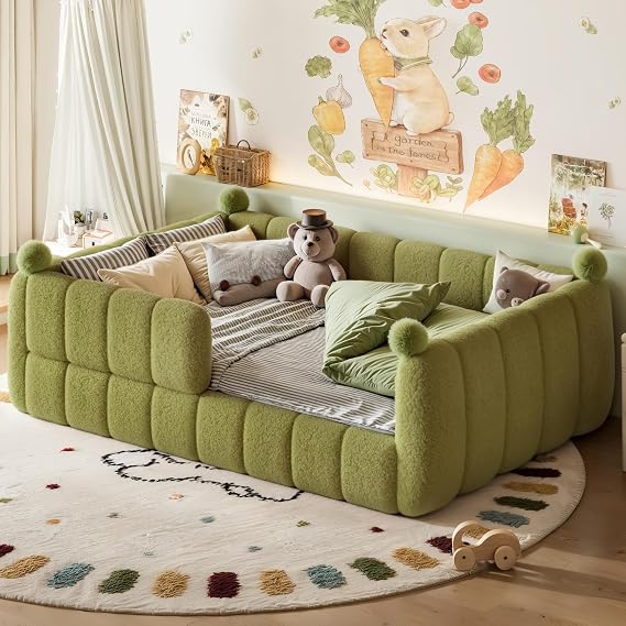 Bellemave Full Size Upholstered Montessori Floor Bed with Fence,Green