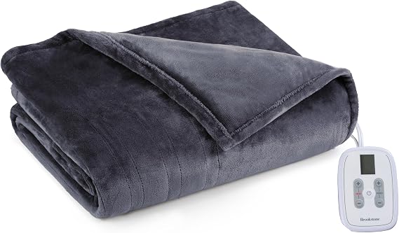 Brookstone Electric Heated Plush Blanket, Twin 62 x 84 in, Gray