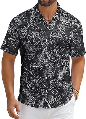 ELETOP Mens Hawaiian Shirt Summer Stretch Short Sleeve Tropical Beach Button Down Casual Shirt