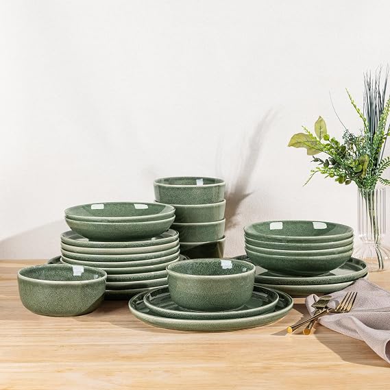 GBHOME Dinner Set for 6, 24 Piece Stoneware Set - Round Reactive Glaze Plates & Bowls, Highly Chip and Crack Resistant | Dishwasher and Microwave Safe Crockery Set