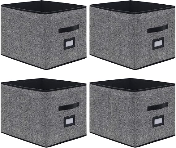 Onlyeasy Extra Large Foldable Cloth Storage Cubes 4 Pack with Label Holders - Fabric Storage Bins Baskets Organizers for Home Office Nursery with Handles, 13 L x 15 W x 13 H Inch, Black, MXABXL04PLP