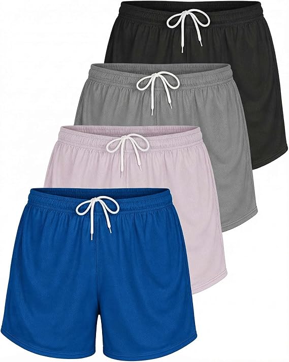 4 Pack Women's Mesh Shorts Basketball Athletic Running Workout Gym Pockets