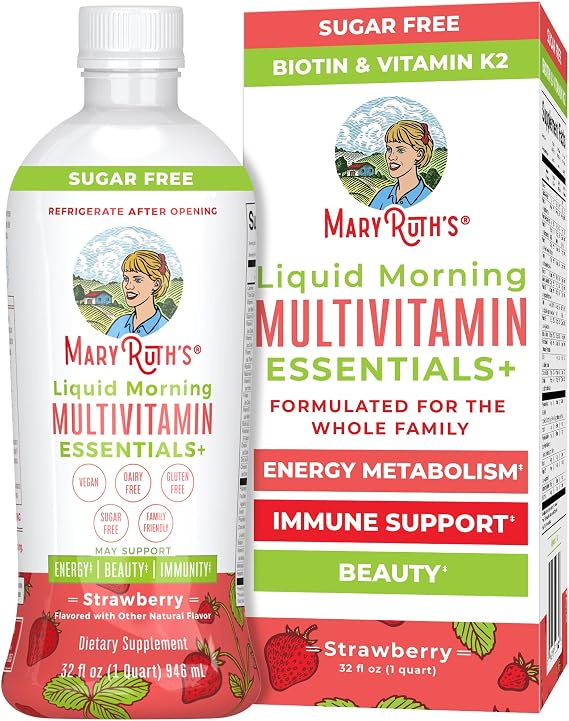 MaryRuth's Liquid Morning Multivitamin Essentials+, 2 Flavors, Vegan, 32oz | Vitamin A C D E B6 B12 Biotin Zinc, Mens Womens Multivitamin, Immune Support, Beauty, Sugar Free, Vegan, Vitamins for Ages 1+