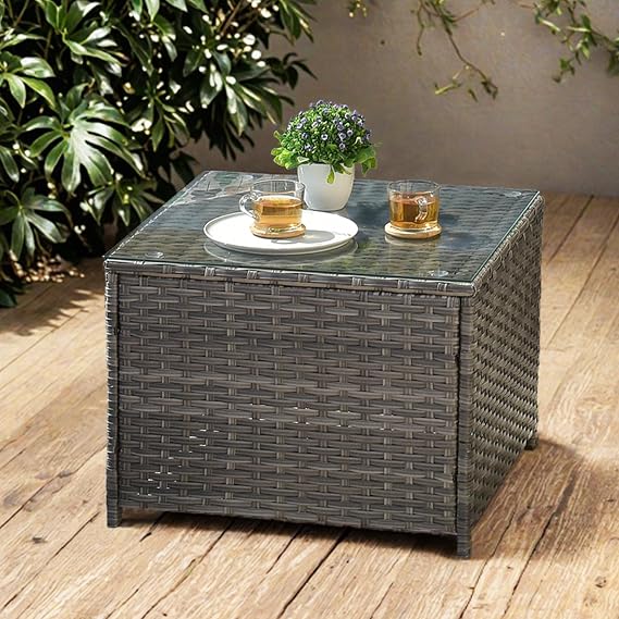 ovios Outdoor Side Table with Tempered Glass Top, Patio Wicker Coffee Table, Rattan Bistro End Table for Porch Deck Balcony Garden Poolside, Grey