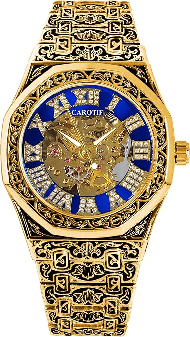 Luxury Mechanical Skeleton Watch, Gold-Plated with Carved Design, 42mm Case, Blue Crystal Dial, Automatic Self-Winding Movement
