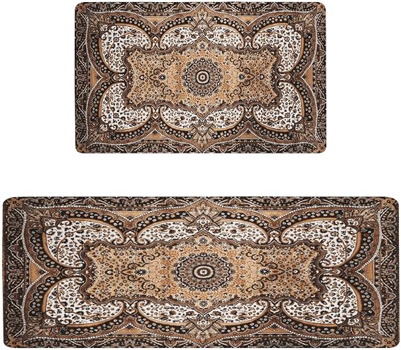 Rustic Farmhouse Kitchen Mat Set 2PCs, 17.3"x47" + 17.3"x29", Brown