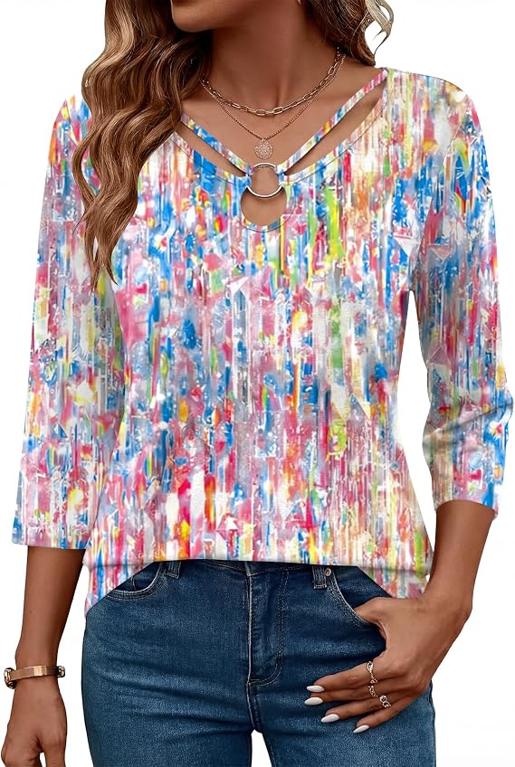 Rapbin 3/4 Length Sleeve Womens Tops Summer Cut Out Ring Keyhole Neck Dressy Casual Crew Neck Tee Shirts 2026
