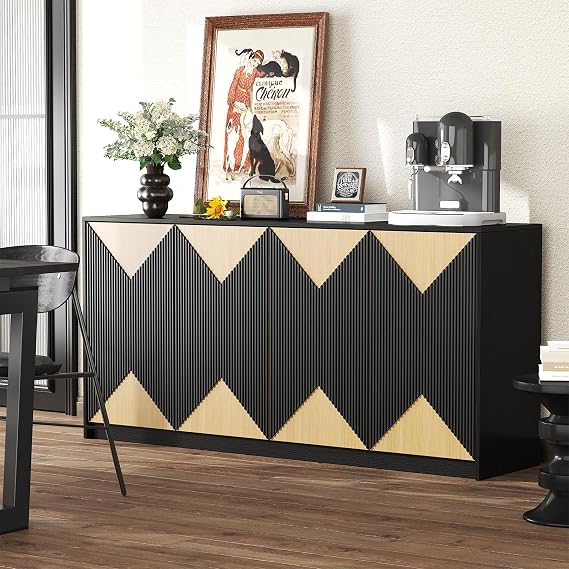 65 Inch Fluted Buffet Cabinet with Storage, 4 Doors Modern Sideboard Large Console Table for Dining Room Kitchen Living Room Hallway Entryway