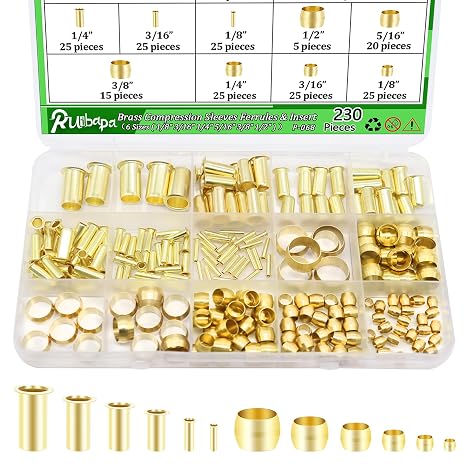 230PCS Brass Compression Sleeves Ferrules & Insert 1/2" 3/8" 5/16" 1/4" 3/16" 1/8"-6 Sizes Compression Fittings Assortment Kit for DOT Air Brake LIne Fittings Connect Lines for Air,Water,Fuel