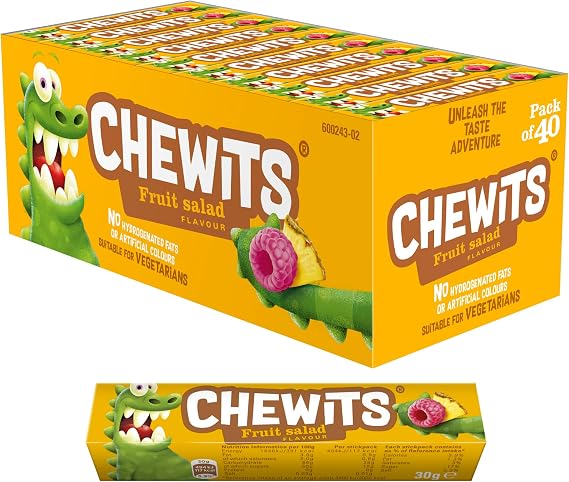 Chewits Sweets - Fruit Salad Chewy Sweets Multipack - Bulk Box 40 Sticks Individually Wrapped - Made with Real Fruit Juice - Vegetarian, No Artificial Colours - Classic British Sweet