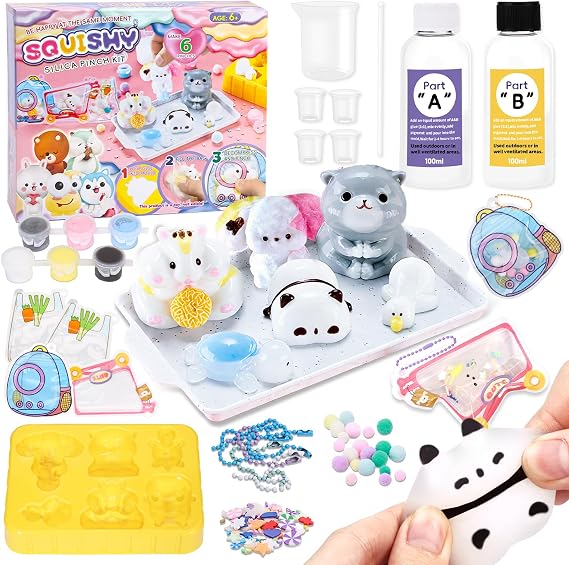 Crelloci DIY Animal Squishy Kit with Fast Cure Liquid Silicone – 200g AB 1:1 Ratio, Super Soft Rubber for Kids Stress Relief Toy Making, 6-in-1 Animal Mould, Gift Bags, Beads & Complete Tool Set