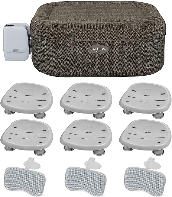 Bestway SaluSpa AirJet Inflatable Square Hot Tub with 140 Soothing Jets, 6 Underwater Non-Slip Seat & 3 Padded Headrest Pillow