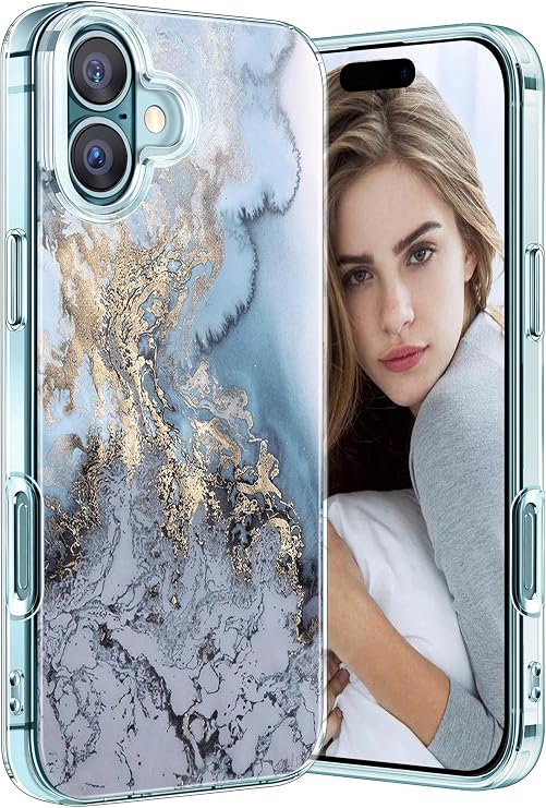 Marble Case for iPhone 16 5G, Soft Silicone Clear TPU Case for Women, for iPhone 16 Cute White Blue Marble Pattern Anti-Scratch Shockproof Protective Cover for iPhone 16 5G 6.1-inch (2024) (Blue)