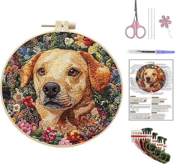 Embroidery Kit,Embroidery Kit for Adult Beginners,DIY Embroidery Starter Kit with Dog Pattern Instruction,Bamboo Hoops, Threads and Needles,Suitable for Home Decoration Or Gift Giving (Style E)