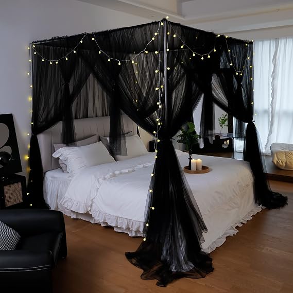 Black Canopy Bed Curtains 4 Corners Post Princess-Style for Girls
