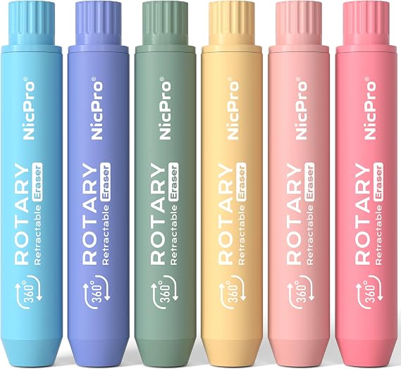 Nicpro 6 Pack Rotary Retractable Erasers, Soft TPE Twist Eraser-Rainbow
