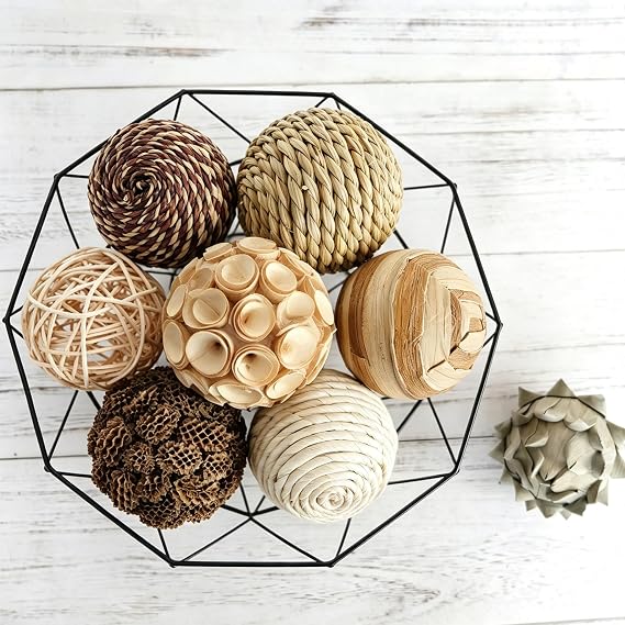Decorative Balls Spherical Assorted 9pcs Brown White Orbs Rustic Natural Twig Rattan Woven Cotton Balls for Vase Bowl Filler Tabletop Decor Home Party Wedding Display