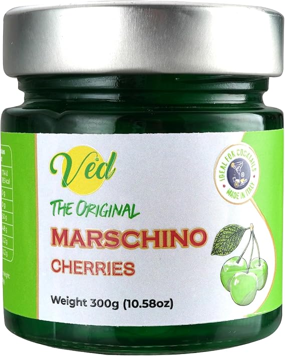 Ved Gourmet Original Green Maraschino Cherries - Italian Cherry for Old-Fashioned Cocktails - Vegan Cocktail, Bourbon Cherries in Natural Syrup for Cocktail Garnish,