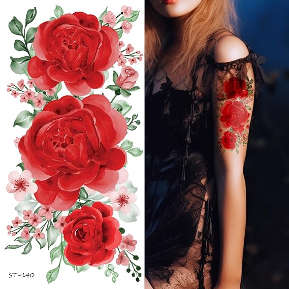 Supperb Temporary Tattoos - Watercolor Red Roses, Red Peony Tattoos Set of 2