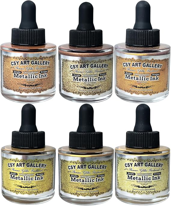 Metallic Acrylic Paint Ink-Water Resistant Drawing Inks Set-24K Gold Alcohol Ink-Mica Paint for Resin, Rock,Markers Refill,Wood,Crafts (Fallen Leaves Starlight Set)