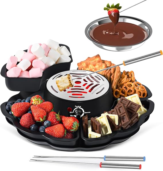 2 in 1 Smores Maker & Fondue Set, Tabletop Indoor Smores Kit, Marshmallow Roaster with Temp Control, 4 Detachable Trays & 4 Roasting Forks and 1 Heated Bowl, Movie Night Supplies (Black)