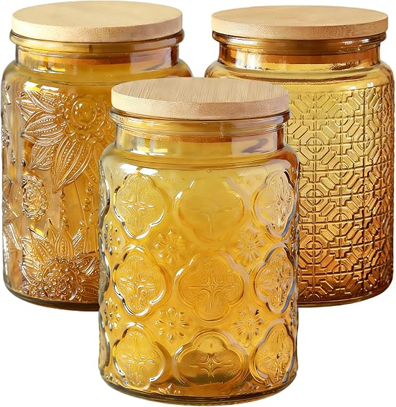 3-Pack 700ml Glass Jars with Bamboo Lids, Airtight Vintage Glass Storage Canisters for Kitchen Pantry Coffee Sugar Tea Flour Snacks (Yellow)