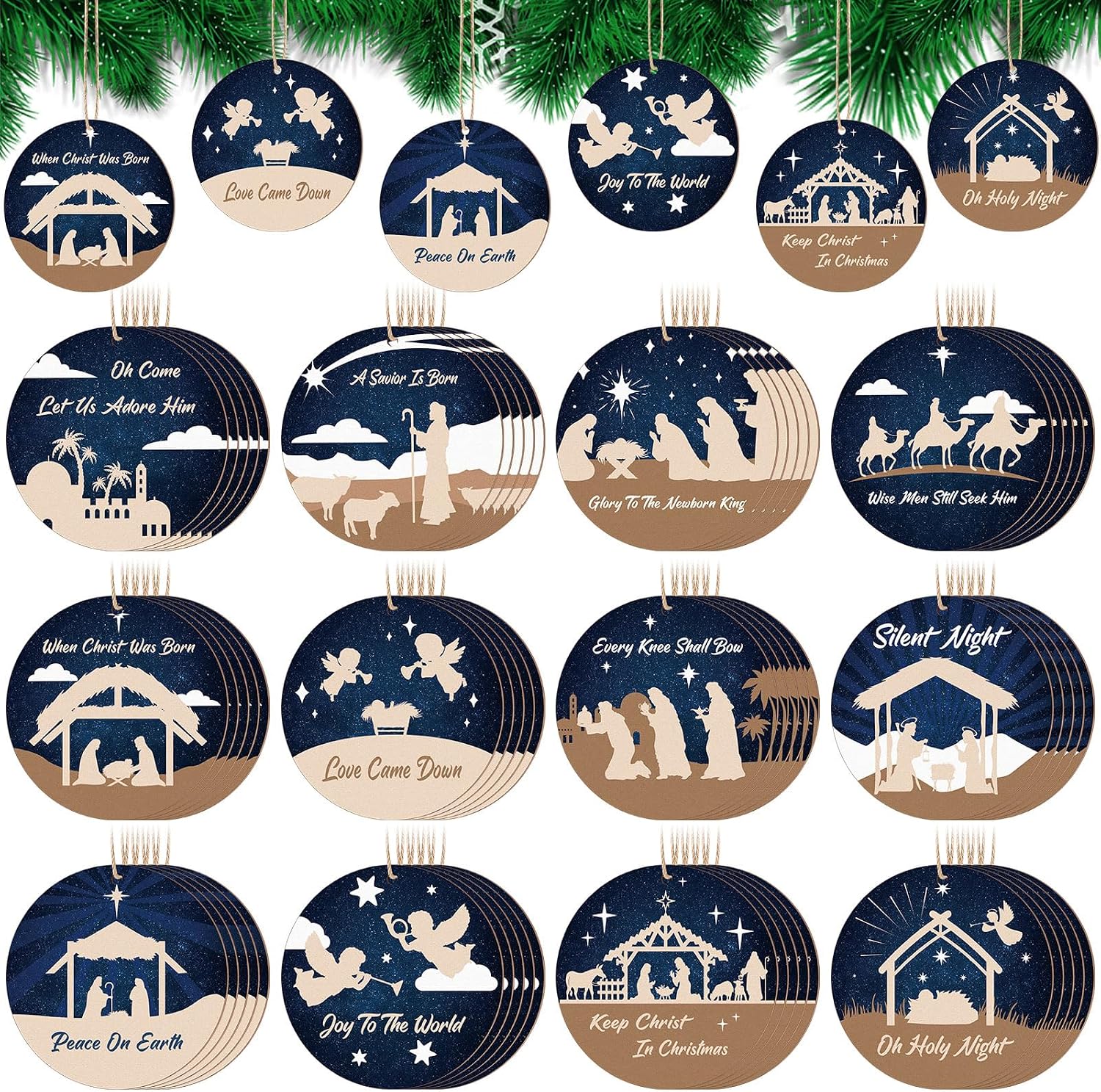 Soaoo 60 Pcs Nativity Scene Christmas Tree Ornament Christian Religious Ornaments Bulk Round Nativity Xmas Tree Hanging Wooden Decorations for Garden Yard Outdoor HomeClassic Style