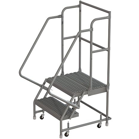 Tri-Arc KDSR102162-D2 2-Step 20" Deep Top Steel Rolling Industrial & Warehouse Ladder with Handrails, 16" Wide Grip Strut Tread