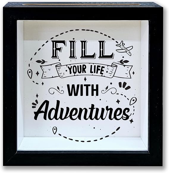 Adventure Fund Shadow Box Frame, Honeymoon Fund Box with Slot, Fill Your Life with Adventures Theme Travel Memory Box, Adventure Archive Box Wedding Gifts, Decorative Wooden Money Savings -04