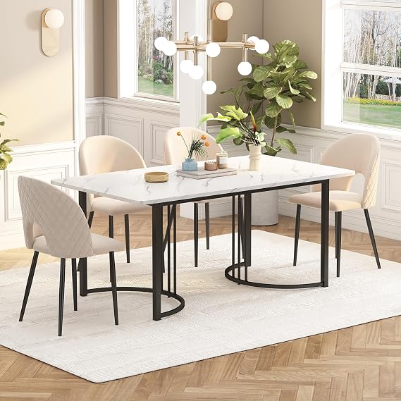 ModernLuxe Dining Table in Marble Pattern, Metal Frame Rectangular Kitchen Table with Adjustable Feet for Dining Room Living Room, 140x80cm, White Desktop & Black Legs, 1PC