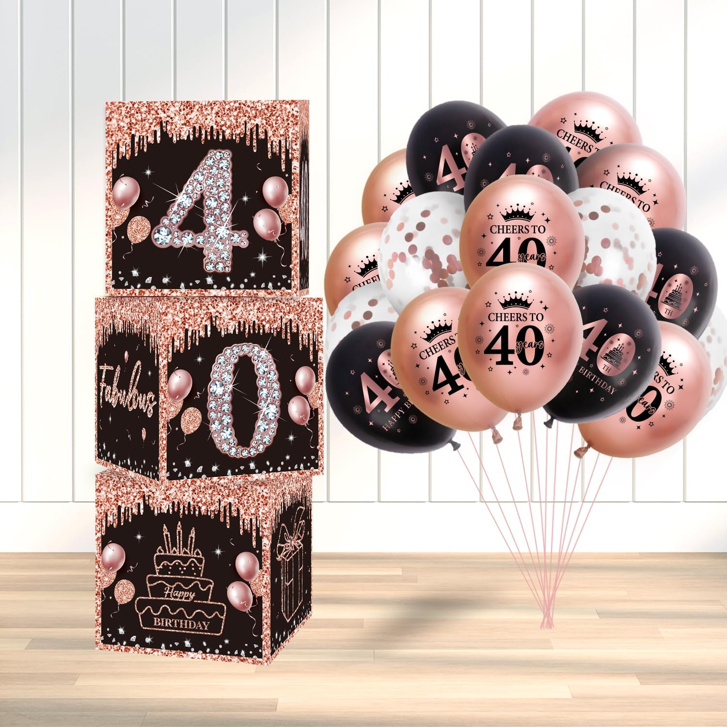 HAKOTI 40th Birthday Decorations Boxes for Women-3Pcs 40th Black and Rose Gold Boxes 15Pcs Balloons,Black and Rose Gold Birthday Decorations for Forty Years Old Cardboard Box Party Supplies