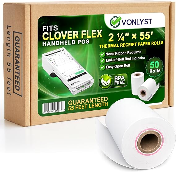 Clover Flex Paper Rolls 2 1/4" x 55 Thermal Receipt Paper 50 Rolls Pack - BPA Free POS Printer & Credit Card Machine Compatible C400 C401 C403 C405 C406
