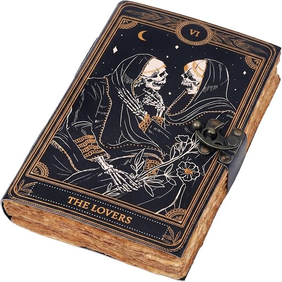 C CUERO Book of Spells Leather Journal Deckle Edge Paper Grimoire Printed Journal The Lovers Tarot Notebook Spiral Gothic Notebook Skull lover Antique Vintage Leather Journals for Men and Women (6 * 8
