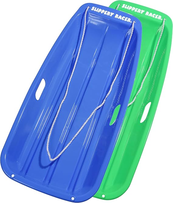 Slippery Racer Downhill Sprinter Flexible Kids Toddler Plastic Toboggan Snow Sled with Pull Rope for 1 Adult or Kid Rider (2 Pack)