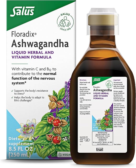 Floradix Ashwagandha Liquid Herbal & Vitamin Formula, Vegan, 8.5 fl oz