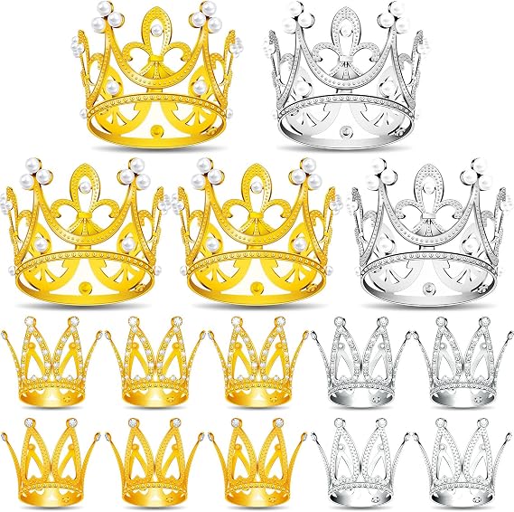 15Pcs Mini Crowns Cake Topper for Flower Bouquets (Gold, Silver)