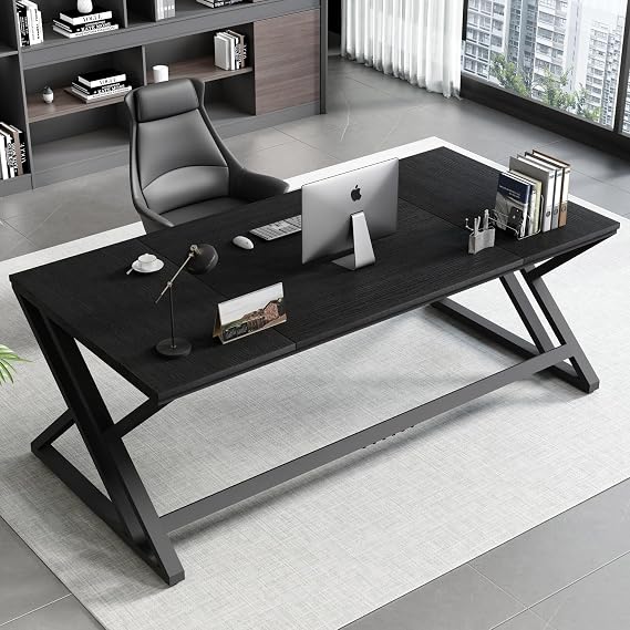 HSH Black Computer Desk, Large Modern Workstation Home Office Desk, Long Industrial Study Gaming Work Writing Desk for 2 Person, Farmhouse Double Wood Executive Pc Table with Storage in Bedroom, 180cm