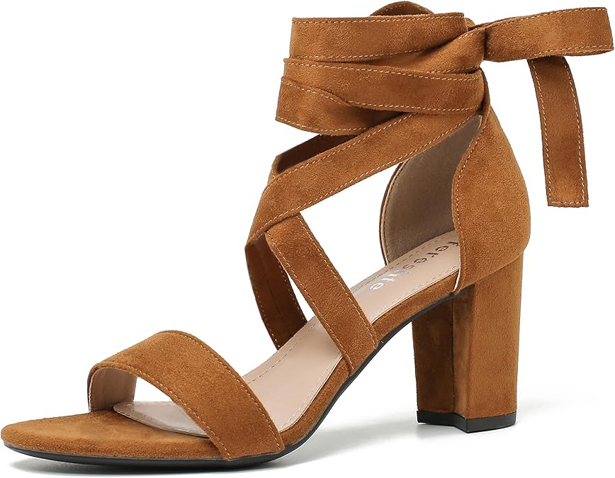 fereshte Women's Strappy Lace Up Ankle Wrap Block Heel Sandals, Open Toe Chunky Heels, 3 Inch