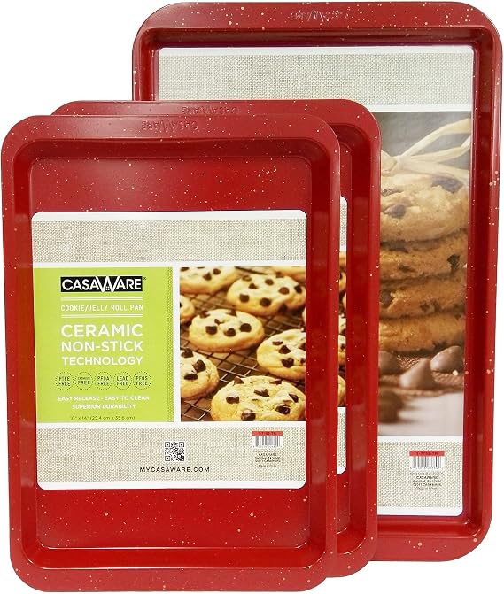casaWare 3pc Multi-Size Cookie Sheet/Jelly Roll Pan Set (Red Granite)